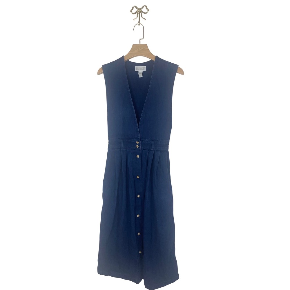 Vintage Lands End Denim Jumper Dress Blue Cotton Button Front Midi Pockets Sz 6